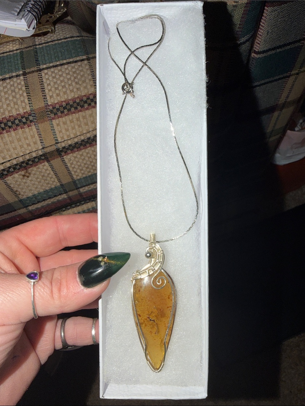 Handcrafted Amber Teardrop Pendant Necklace - Yellow Brown Sterling